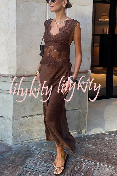 Wonderful Fusion Satin Lace Trim Poka Dot V-neck Drape Maxi Dress