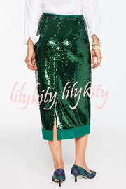 Shimmer Scene Sequin Patchwork Hem High Rise Slit Pencil Midi Skirt