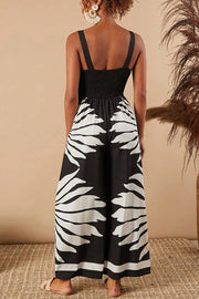 Unique Printed Open Back Pleated Casual Wide-leg Jumpsuit