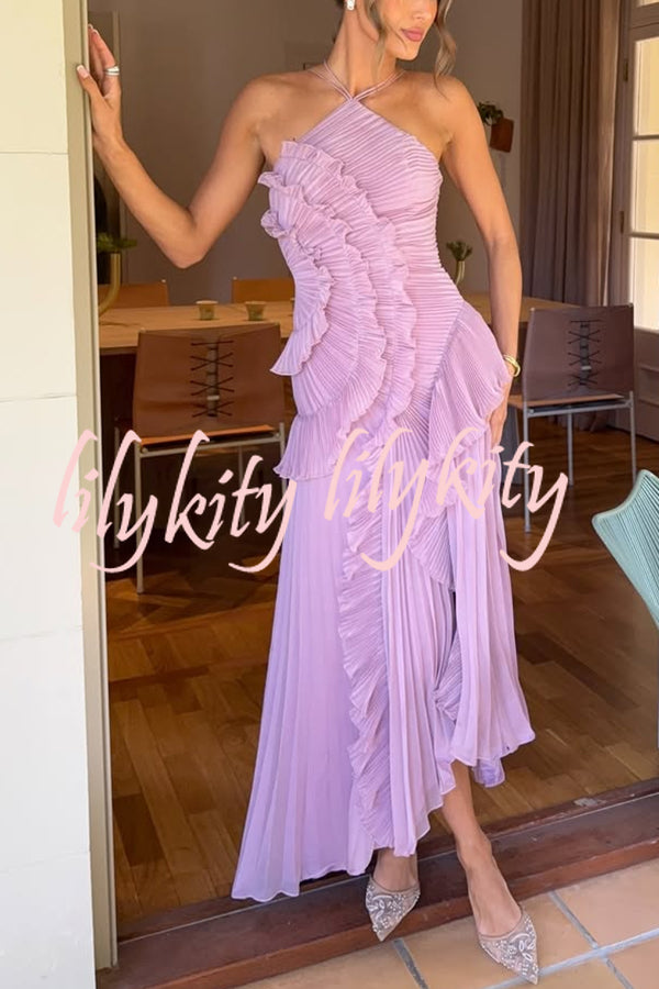 Dream Ode Lily Pad Style Pleats and Ruffles Halter Gown Maxi Dress