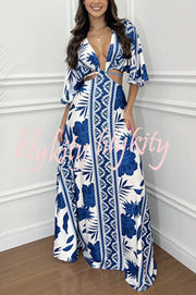 Wilma Unique Print Cutout Elastic Waist Tie-up Kimono Sleeve Maxi Dress