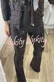 Holiday Cheer Sequin High Rise Elastic Waist Flared Stretch Pants