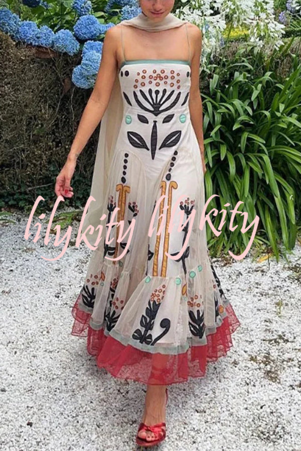 Botanical Print Chiffon Sling Backless Resort Maxi Dress