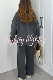 Solid Color Loose Long-sleeved Knit Top and Elastic Waist Casual Straight Leg Pants Set