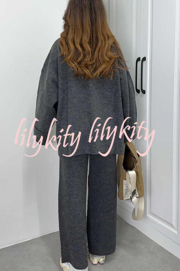 Solid Color Loose Long-sleeved Knit Top and Elastic Waist Casual Straight Leg Pants Set