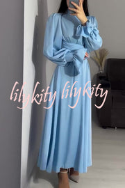 Solid Color Ruffled Sleeves Waisted Tie Slim Fit Maxi Dress