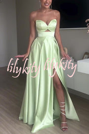 Chic Queen Satin Hollow Strapless Slim High Slit Party Maxi Dress