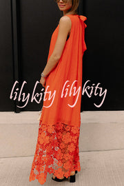 Breezy Comfort Tie-up Neck Sleeveless Floral Lace Hem Maxi Dress