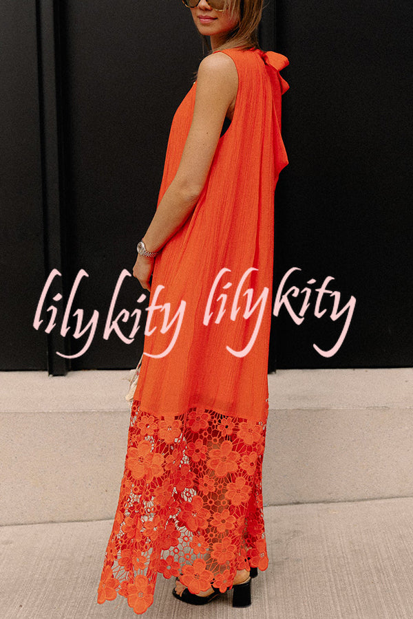 Breezy Comfort Tie-up Neck Sleeveless Floral Lace Hem Maxi Dress