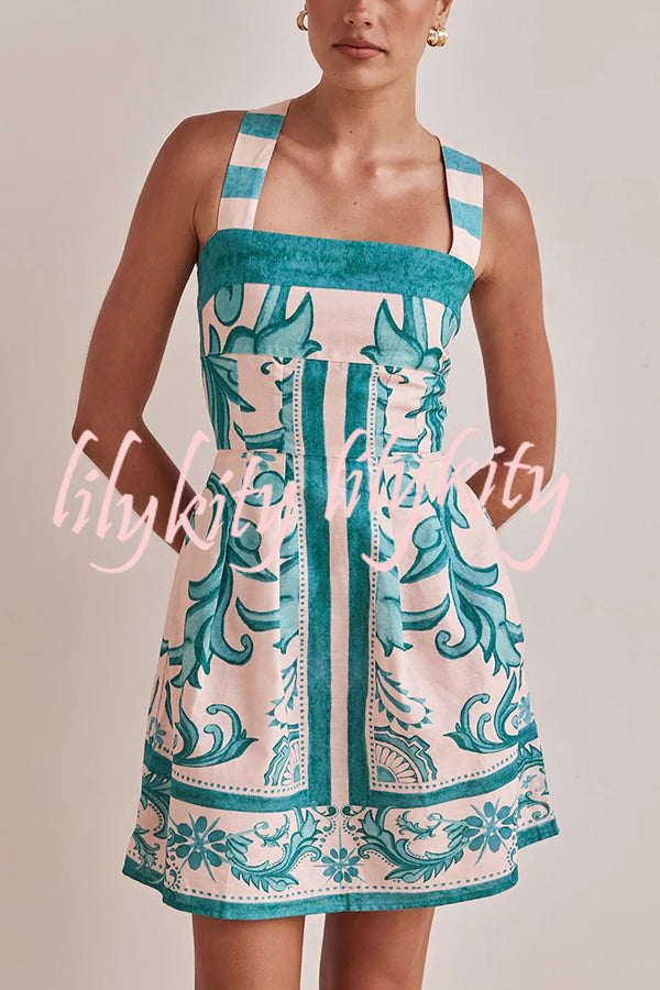 Channeling Summer Linen Blend Unique Print Wide Strap Pocketed Mini Dress