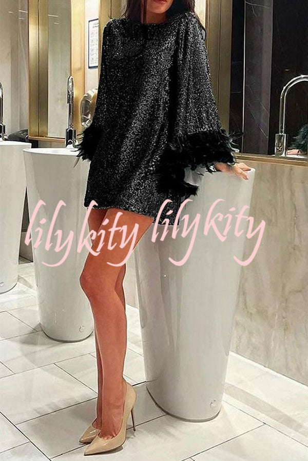 Solid Sequin Elegant Feather Long Sleeve Mini Dress