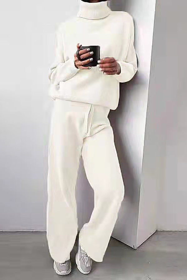 Solid Color Turtleneck Long-sleeved Knit Top and Elastic Waist Casual Pants Set