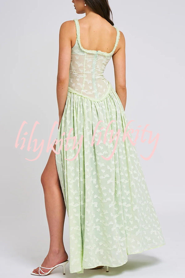 Garden Elf Lace Jacquard Textured Square Neck High Slit Maxi Dress