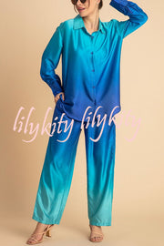 Gradient Long-sleeved Shirt Top and Loose-fitting Pocket Straight-leg Pants Set