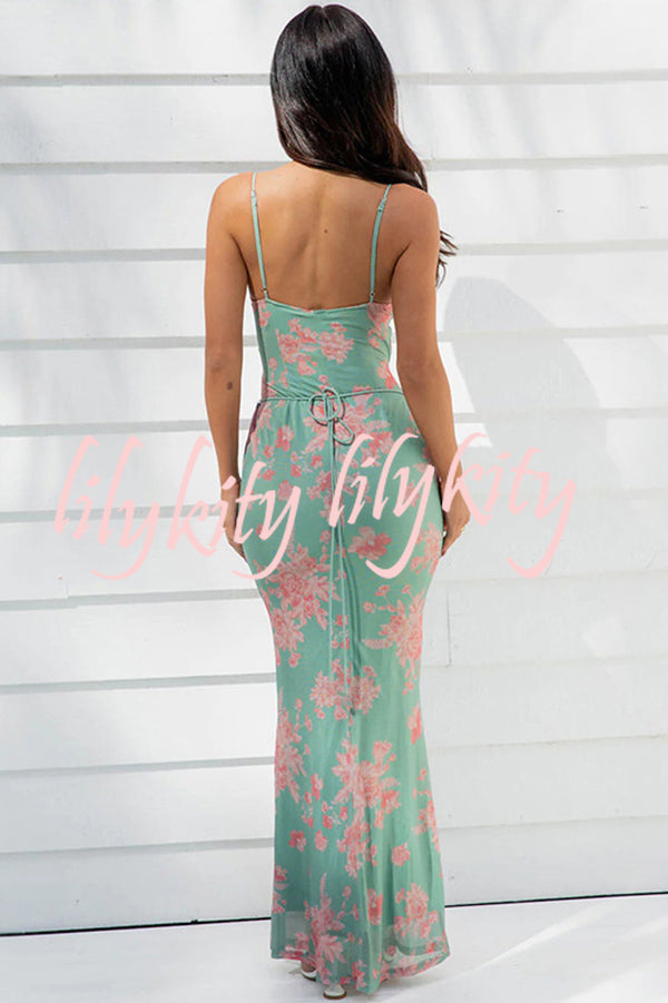 Sexy Slim-fitting Lace-up Printed Suspender Maxi Dress