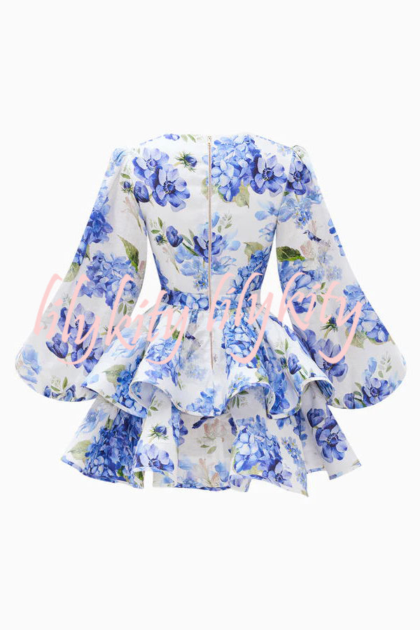 Feminine and Sexy Floral Print Deep V-neck Balloon Sleeve Tiered Mini Dress