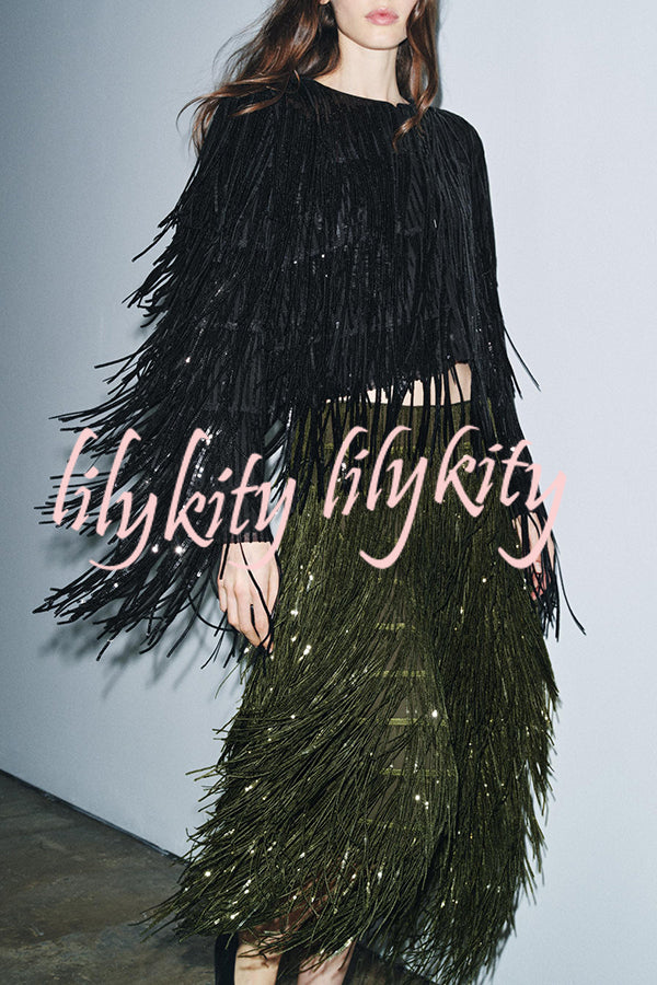 Party Crasher Layered Sequined Tassels Long Sleeve Loose Jacket