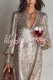 Minimalist Sparkling Sequin V-neck Long Balloon Sleeve Slit Party Maxi Dress