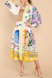 Boldness and Art Unique Print Balloon Sleeve Patchwork Shirt Midi Dress