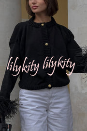Solid Color Elegant Feather Long Sleeve Casual Knitted Cardigan