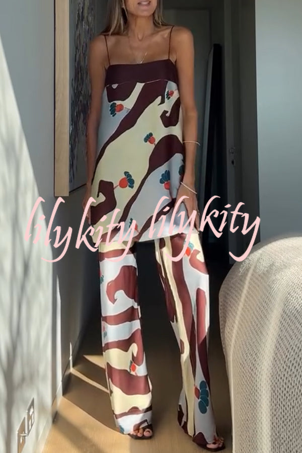 Loving Views Satin Unique Print a-line Tank and Elastic Waist Loose Pants Set