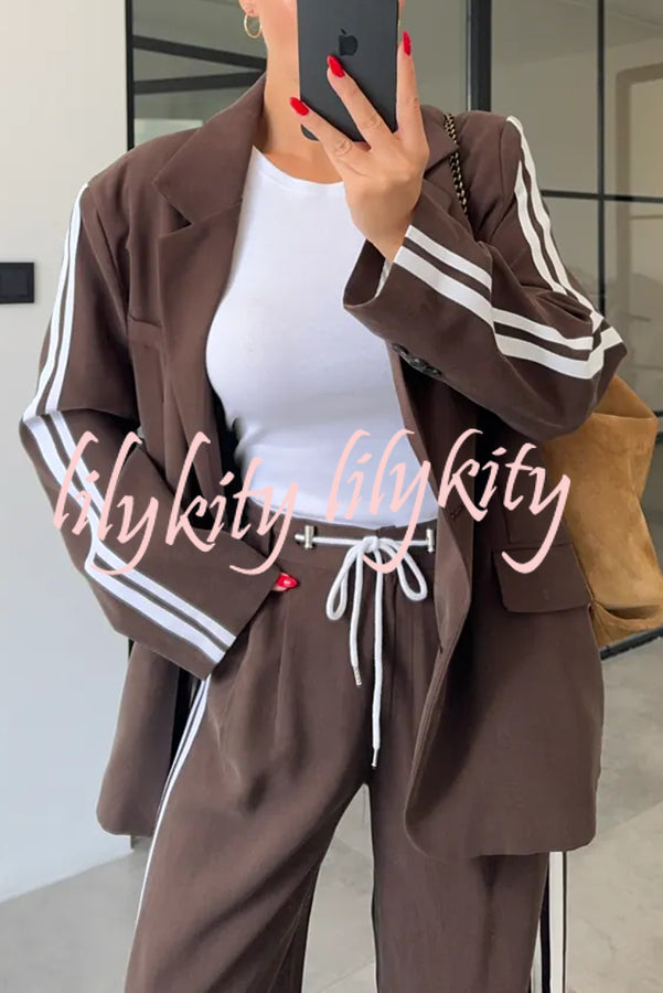 Levvie Striped Trim Long Sleeve Lapel Blazer and Rope Belt Pocketed Wide Leg Pants Set