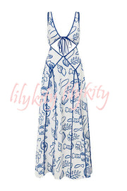 Love The Coastline Linen Blend Unique Print Cutout Tie-up Backless Maxi Dress