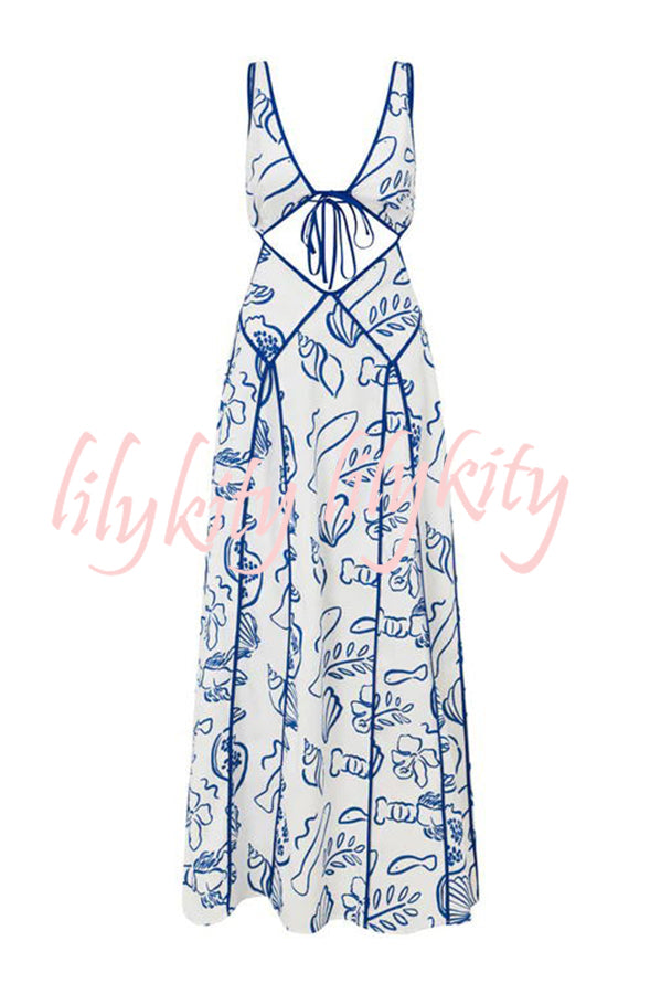 Love The Coastline Linen Blend Unique Print Cutout Tie-up Backless Maxi Dress