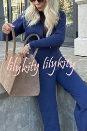 Cozycore Knit Zipper Long Sleeve Cardigan and Stretch Wide Leg Pants Set