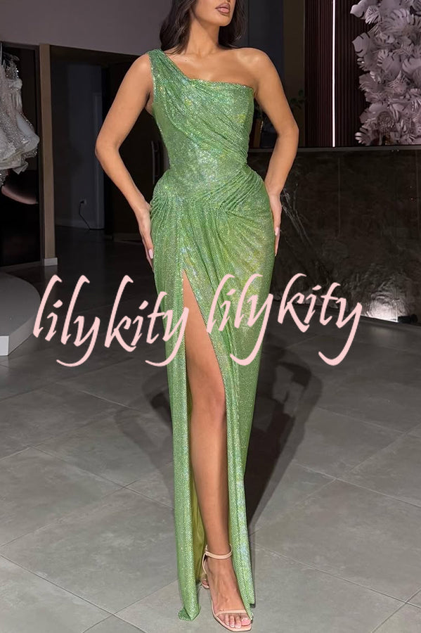 Elisabeth Sequin Pleated Design One Shoulder Slit Drape Gown Maxi Dress