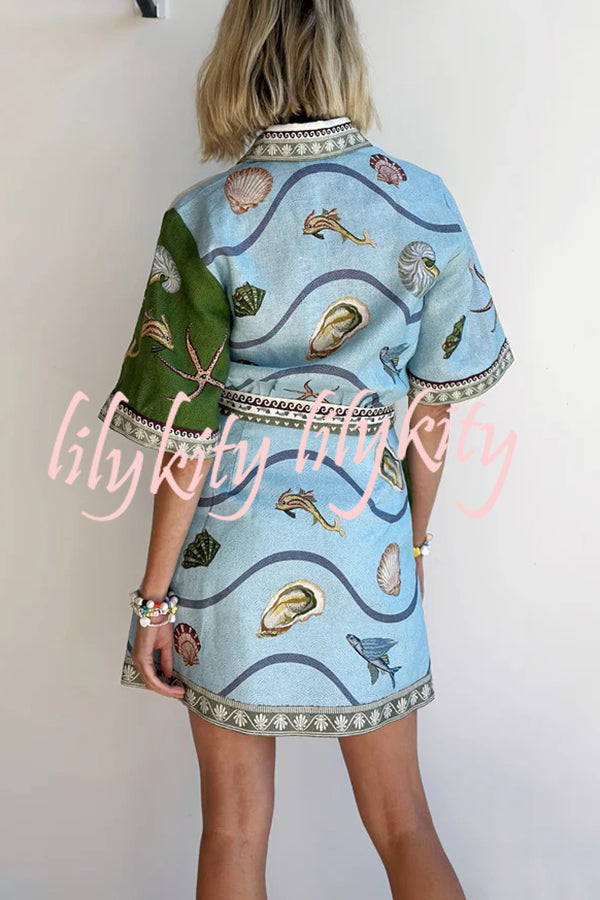 Deep Sea Dreaming Linen Blend Unique Print Tie-up Pocketed Shirt Mini Dress