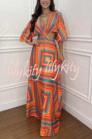 Wilma Unique Print Cutout Elastic Waist Tie-up Kimono Sleeve Maxi Dress