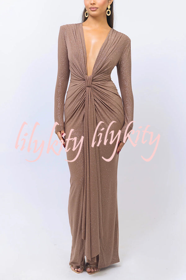 Solid Color Shiny Sexy V-neck Long Sleeve Ribbon Slit Slim Fit Maxi Dress