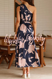 Unique Print Sleeveless One Shoulder Belted Maxi Dress