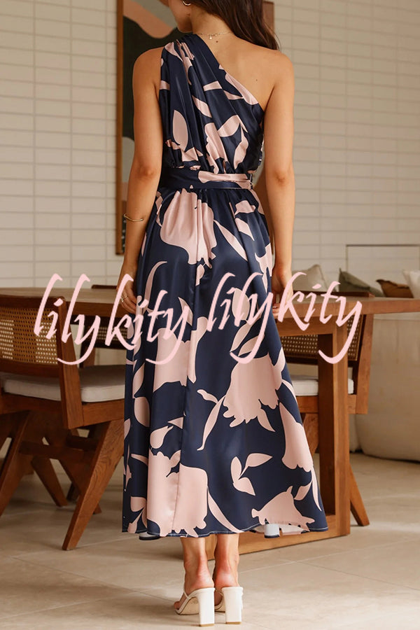 Unique Print Sleeveless One Shoulder Belted Maxi Dress