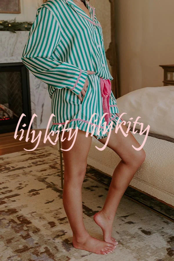 Merry and Bright Satin Striped Color-block Trim Loose Shirt and Elastic Waist Pocket Pajama Set