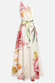 Floral Print One-shoulder Tie-waist Full-hem Maxi Dress