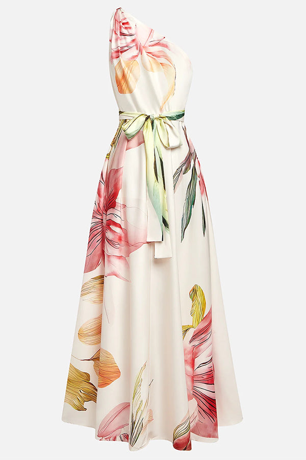 Floral Print One-shoulder Tie-waist Full-hem Maxi Dress