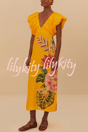 Plant Print V-neck Open Back Holiday Style Slit Midi Dress