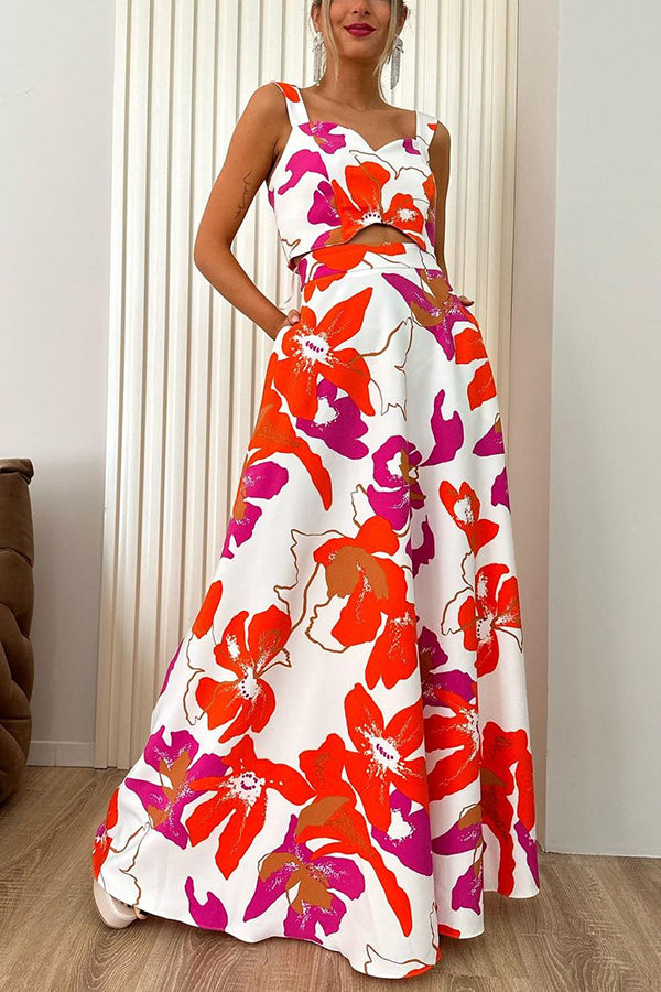 Stylish Floral Print Sling Top and Large Hem Pockets Maxi Skirt Set