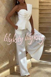 Amena One Shoulder Sweetheart Neck Ruffle Hem Top and Elastic Waist Pocket Wide Leg Pants Set