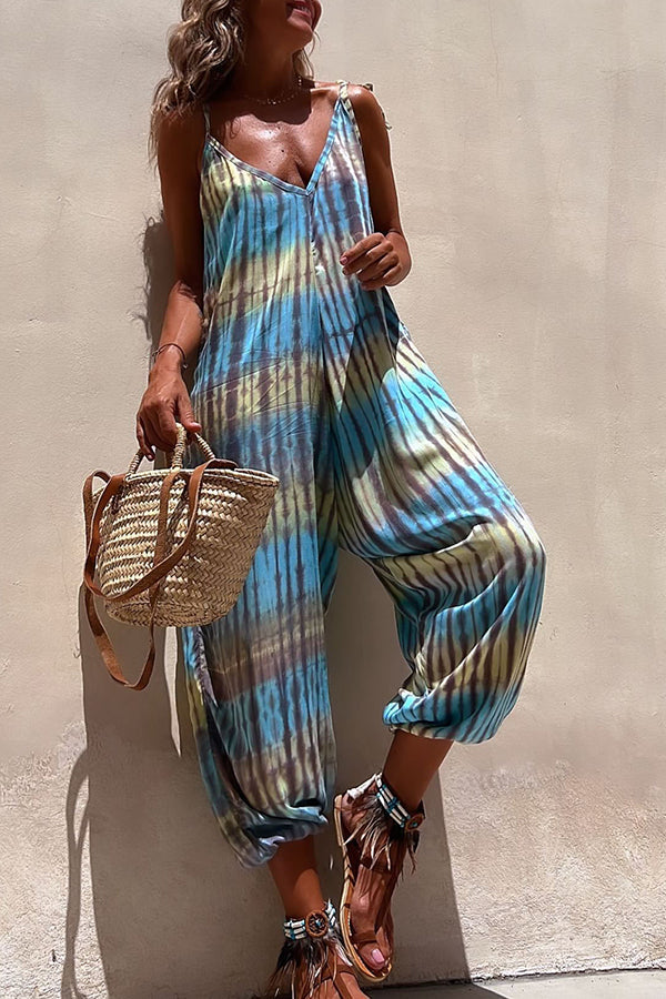 Brighton Beach Tie-dye Print Shoulder Tie Pocketed Loose Jumpsuit