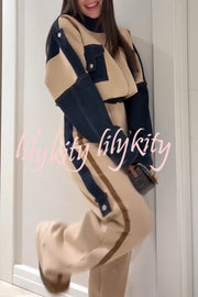 Chill Whispers Denim Patchwork Sweatshirt Fabric Striped Elastic Waist Pocket Loose Pants
