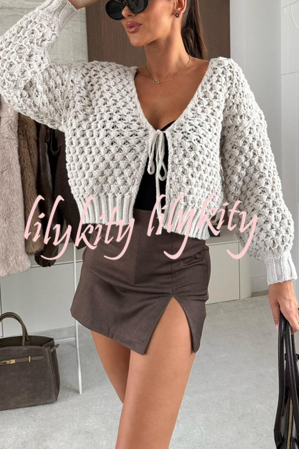 Marin Knit Hollow Texture Tie-up Neck Balloon Sleeve Relaxed Cardigan