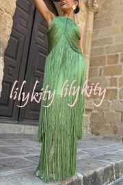 Fashion Sleeveless Halter Neck Elegant Tassel Slim Maxi Dress