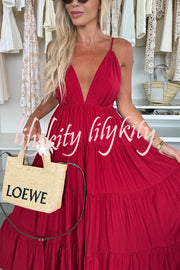 Bohemian Style V-neck Backless Slip Layered Vacation Maxi Dress