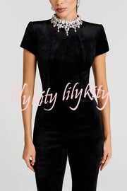Lucia Luxurious Velvet Jewel-encrusted Turtleneck Short Sleeve Flare Stretch Jumpsuit