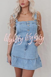 Solid Square Neck Suspender Button Pocket Denim Mini Dress