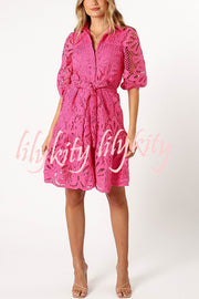 Solid Color Lace Cutout Balloon Sleeves and Waist Tie Mini Dress