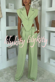 Fashion Style Lapel Waist-baring Irregular Vest and  Elastic Waist Pocket Loose Pants Set